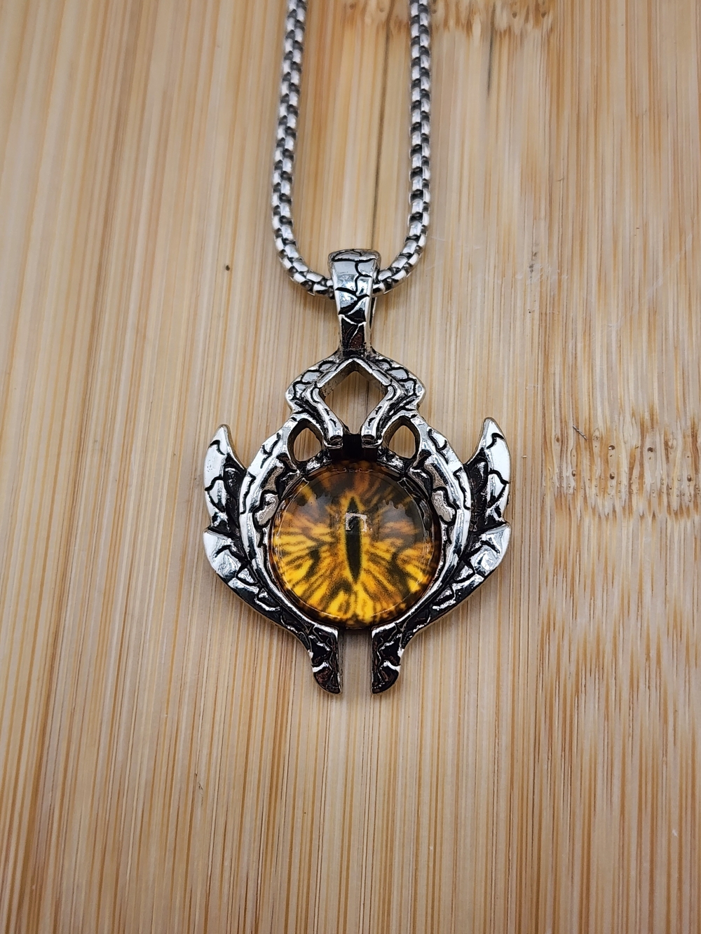 23in Silver Tone  Dragon Eye Pendant Necklace - Amber Yellow Center 0607